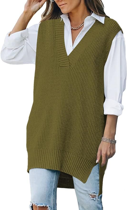 TOLENY Women V Neck Sweater Vest Tops Oversized Sleeveless Tunic Pullover Knitted Tops | Amazon (US)