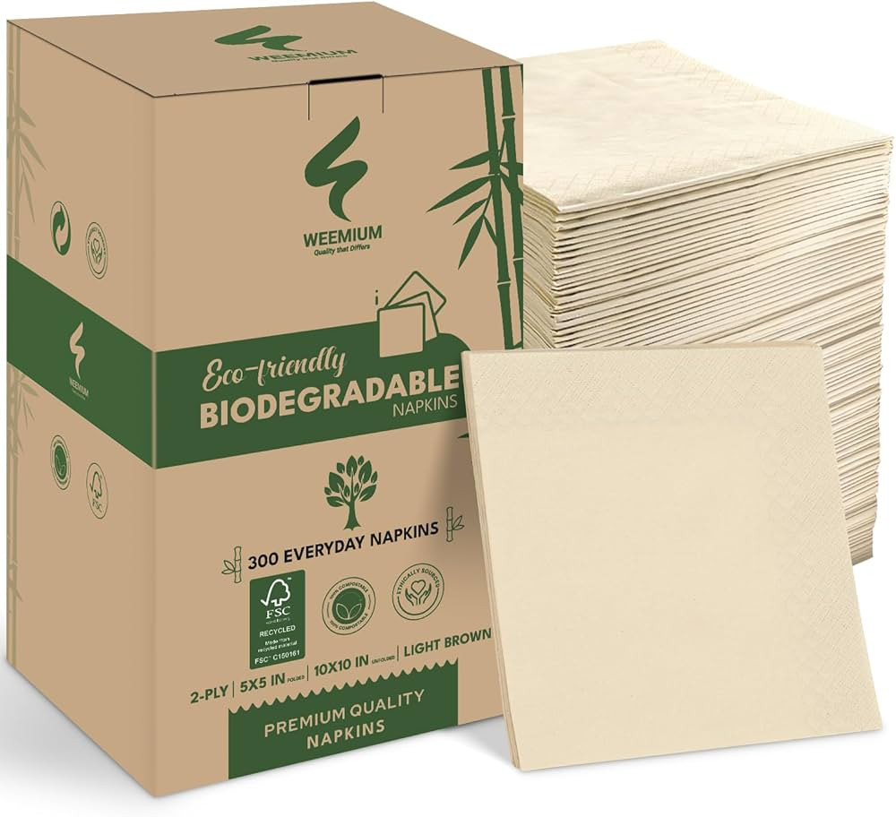 300 Pack 2-Ply Compostable Napkins - FSC Certified 5x5 Inch Folded Post Consumer Recycled Napkins... | Amazon (US)