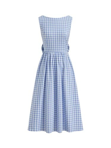 CIDER Plaid Dress Gingham Bowknot Backless Ruffle Boat Neck Midi Dresses Middle Waist Sleeveless A Line Summer Dress Baby Blue | Amazon (US)