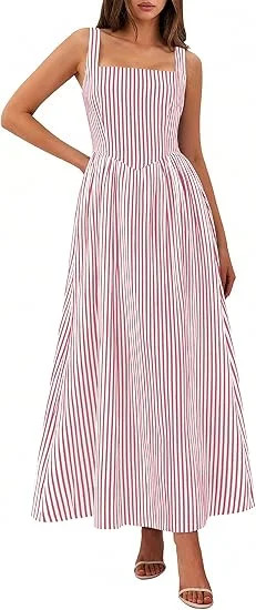 PRETTYGARDEN Women's Maxi Striped Dress Summer Sleeveless Square Neck Smocked A Line Long Flowy S... | Walmart (US)