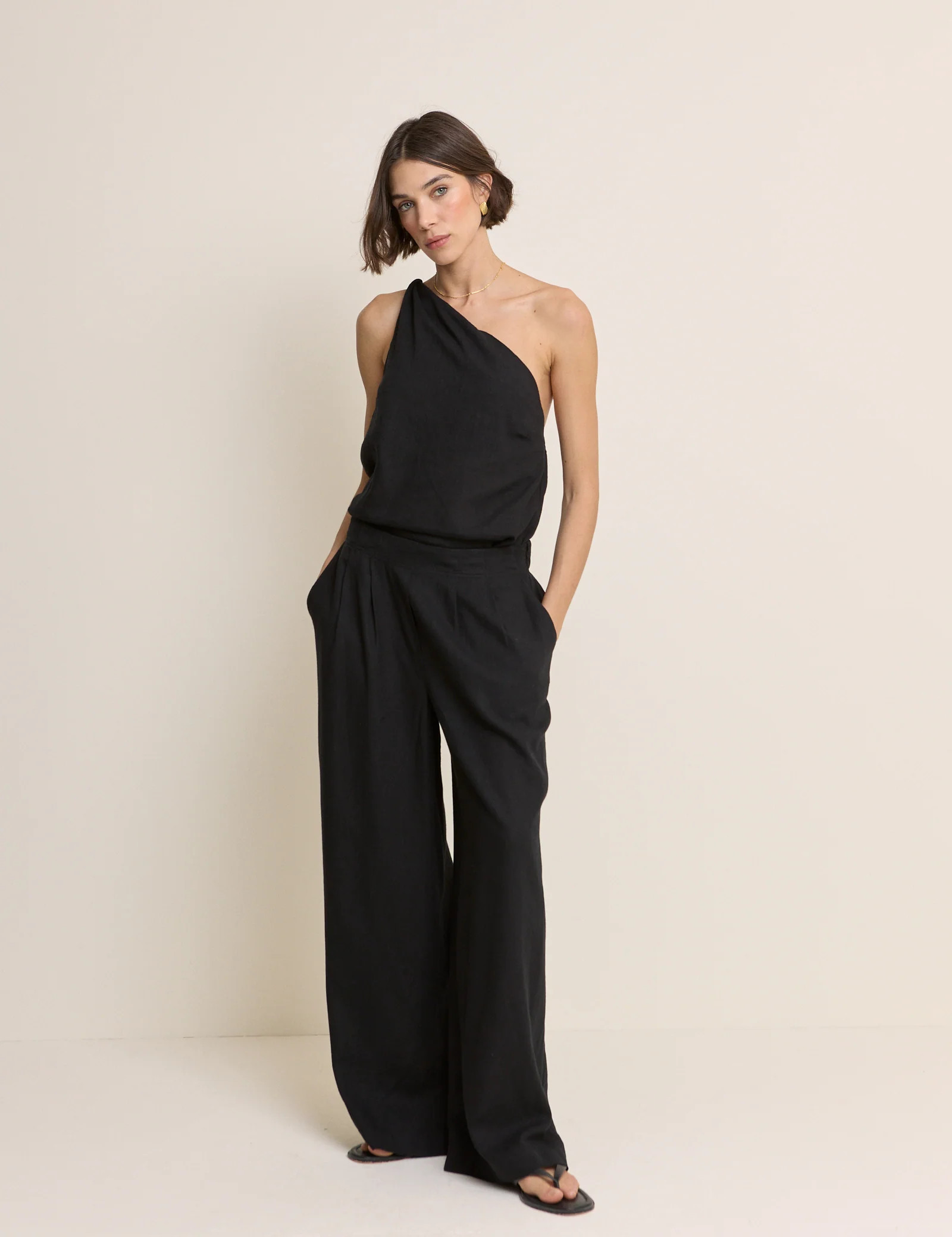Black Linen-Blend Wide Leg Trousers | Nobody's Child