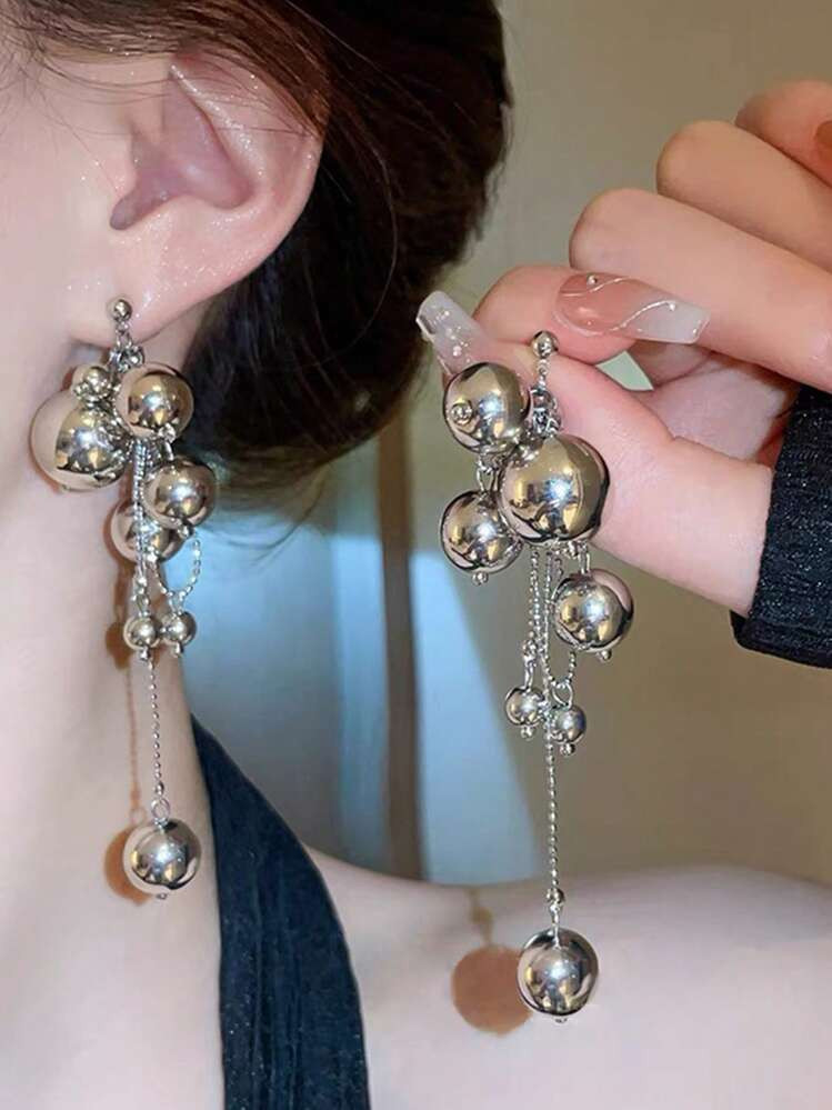 1pair French Style Bohemian Tassel & Ball Long Earrings For Women's Evening Party | SHEIN