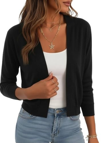 Halife Womens 3 4 Sleeve Black Bolero Shrug Open Front Knit Cropped Cardigan for Dresses for Jeans M | Amazon (US)