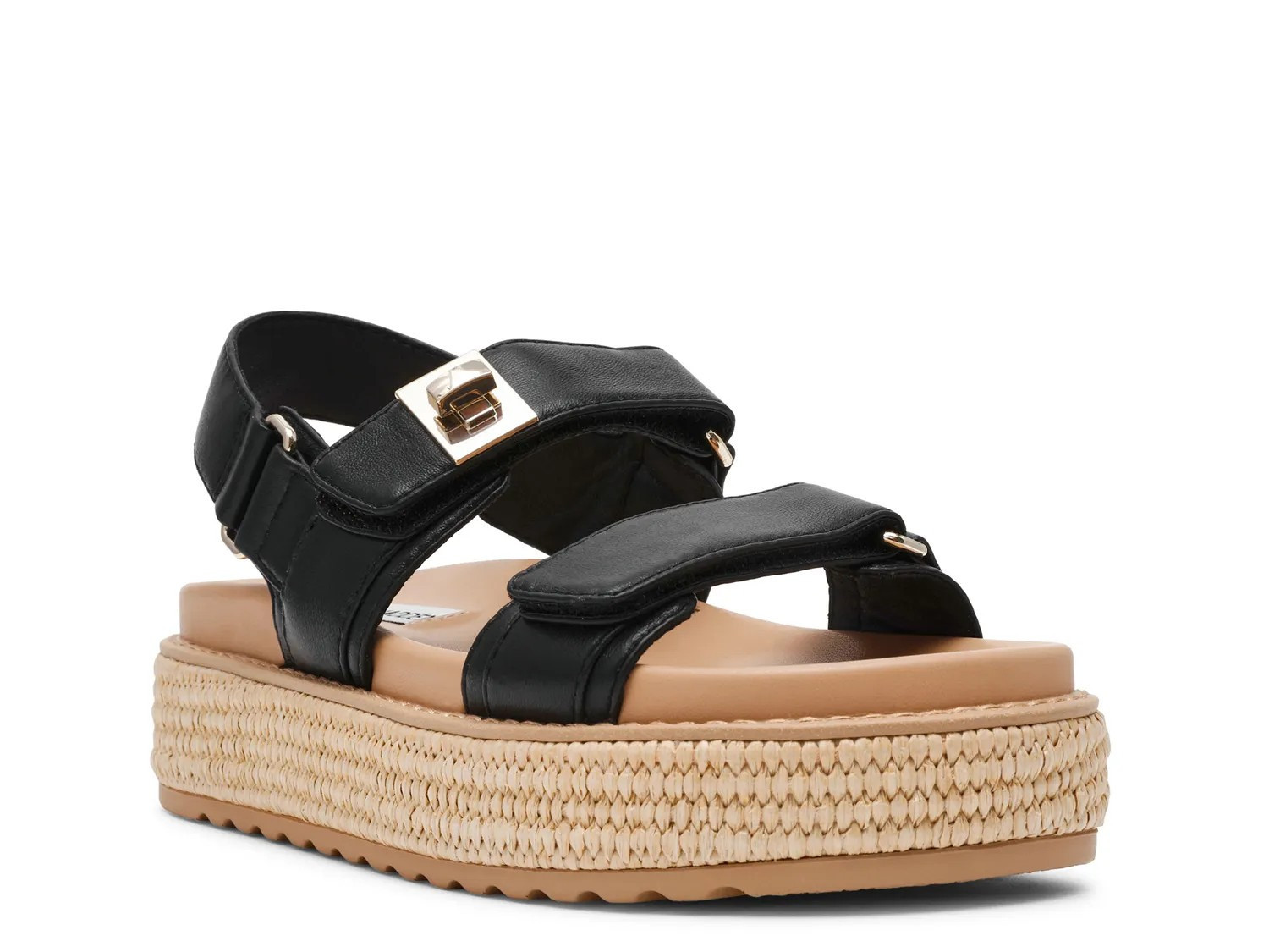 Steve Madden Big Mona Platform Sandal | Women's | Black Leather/Espadrille Platform | Size 7.5 | Sandals | DSW