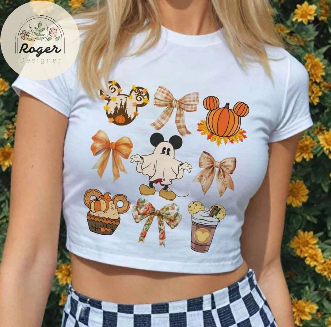 Coquette Bows Mickey Ghost Disney Fall Vibes Halloween Baby Tee, Pumpkin Spice Season Tis the Sea... | Etsy (US)