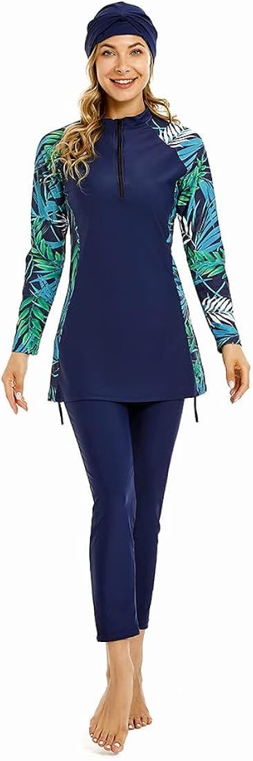 Modest Muslim Swimwear for Women Patchwork Hijab Swimsuit Full Coverage Islamic Burkinis Long Sle... | Amazon (CA)