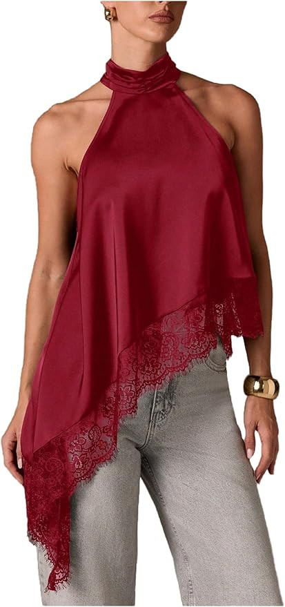 Milumia Women's Y2k Halter Mock Neck Sleeveless Top Lace Asymmetrical Hem Going Out Tank Tops | Amazon (US)