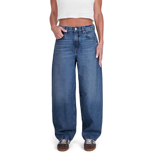 CAKE THE LABEL Womens Baggy Barrel Jeans Wide Leg Mid Rise Premium Denim Pants (Medium Blue) | Amazon (US)