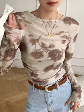 DAZY Floral Print Ruched Side Mesh Top Without Bra | SHEIN