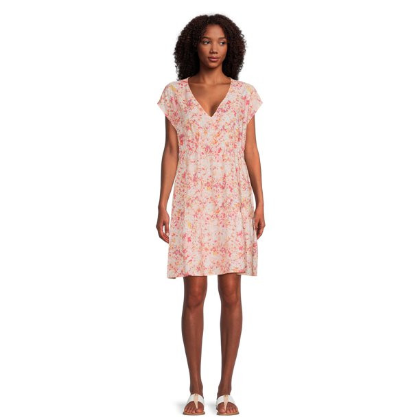 Time and Tru Women's Woven Print Dress with Flounce Hem | Walmart (US)