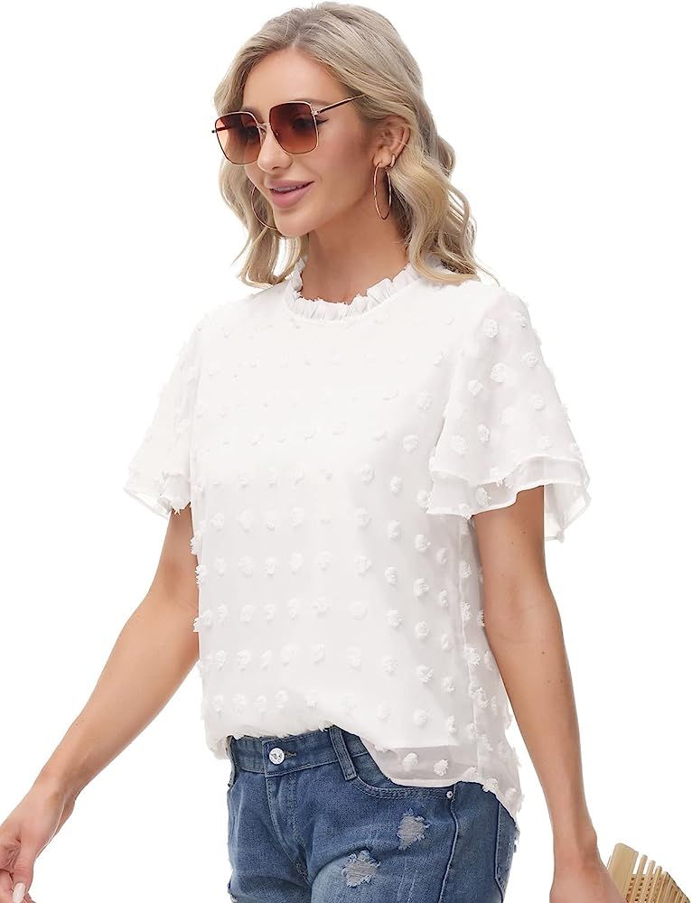 LIUMILAC Women Elegant Swiss Dot Shirts Chiffon Pom Pom Blouses Long Sleeve Lined Work Tops | Amazon (US)