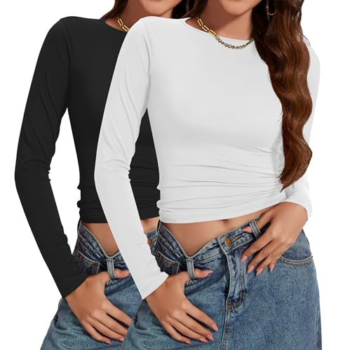 LOMON Basic Long Sleeves for Women Pack Fitted Long Sleeve Tops for Women Going Out Tops Black White Pack Xs | Amazon (US)
