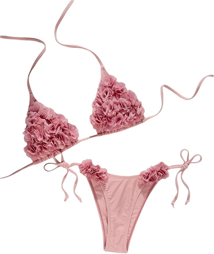 Verdusa Women's 2 Piece 3D Flower Halter String Bikini Sets Tie Back Vacation Bathing Suit | Amazon (US)