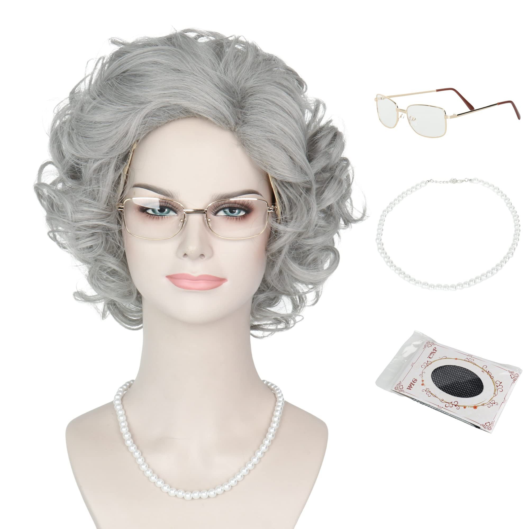 MISS U HAIR Old Lady Wig and Accessories Grandma Granny Costume Wig Short Curly Grey Cosplay Wigs... | Amazon (US)
