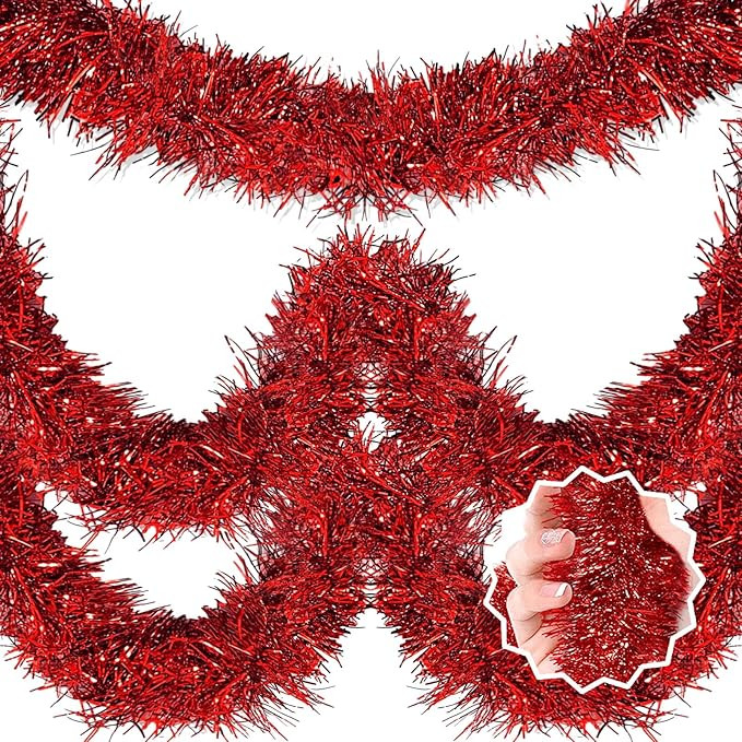 50 Feet Red Christmas Tinsel Garland, Metallic Foil Twist Banner Wall Hanging Tinsel Streamers Ba... | Amazon (US)