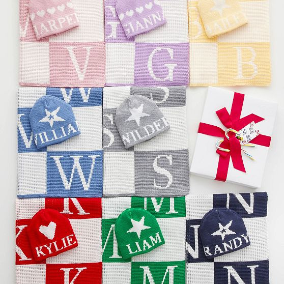 Initial Block Baby Stroller Blanket and Knitted Hat Gift Set | Mark and Graham