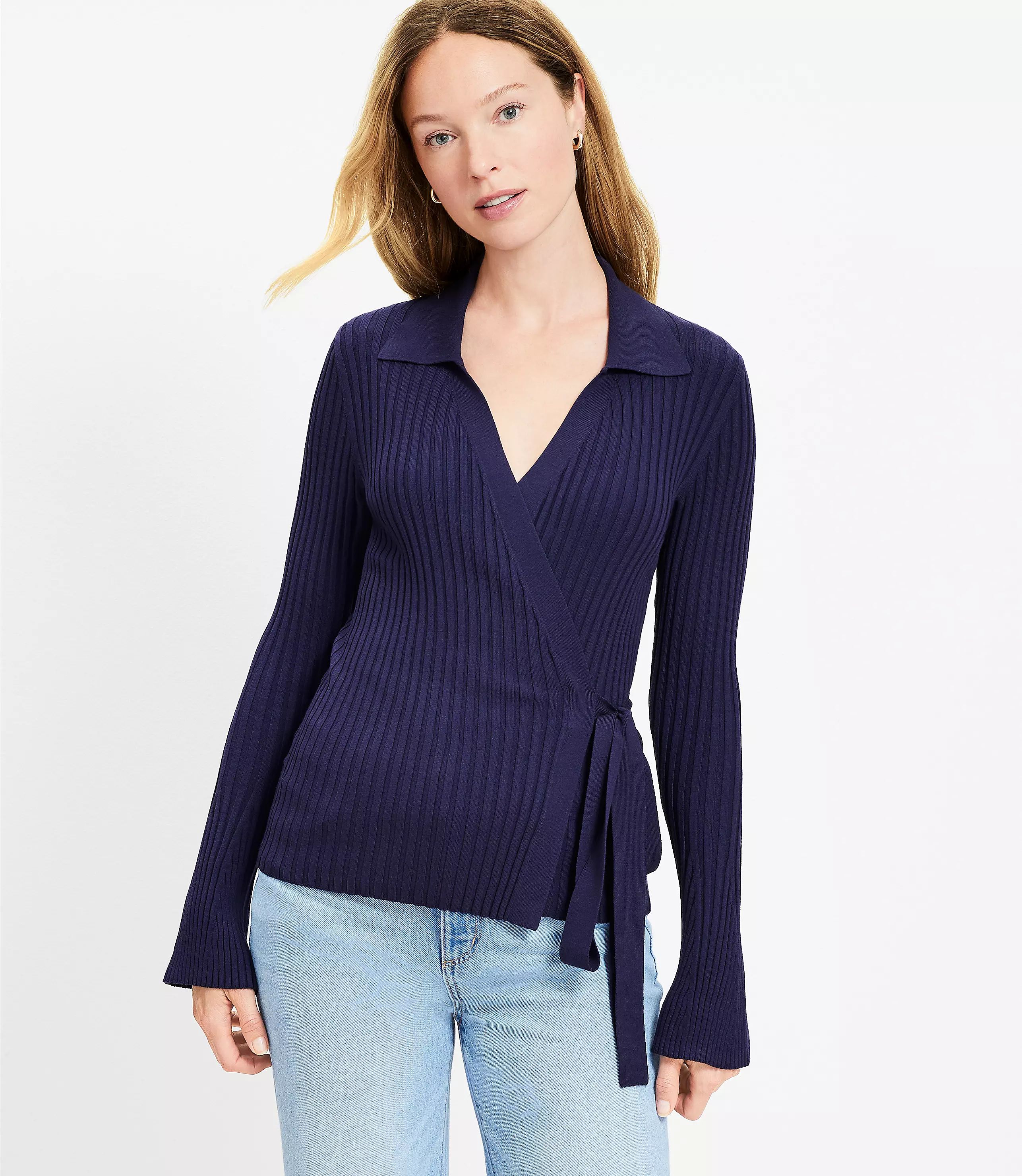 Ribbed Collared Wrap Sweater | LOFT