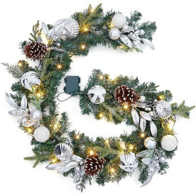 Christmas Garland with Lights, 6 Ft Silver Lighted Christmas Garland with Pine Cones Ball Ornaments for Indoor Outdoor Mantle Stairs Decorations | Target