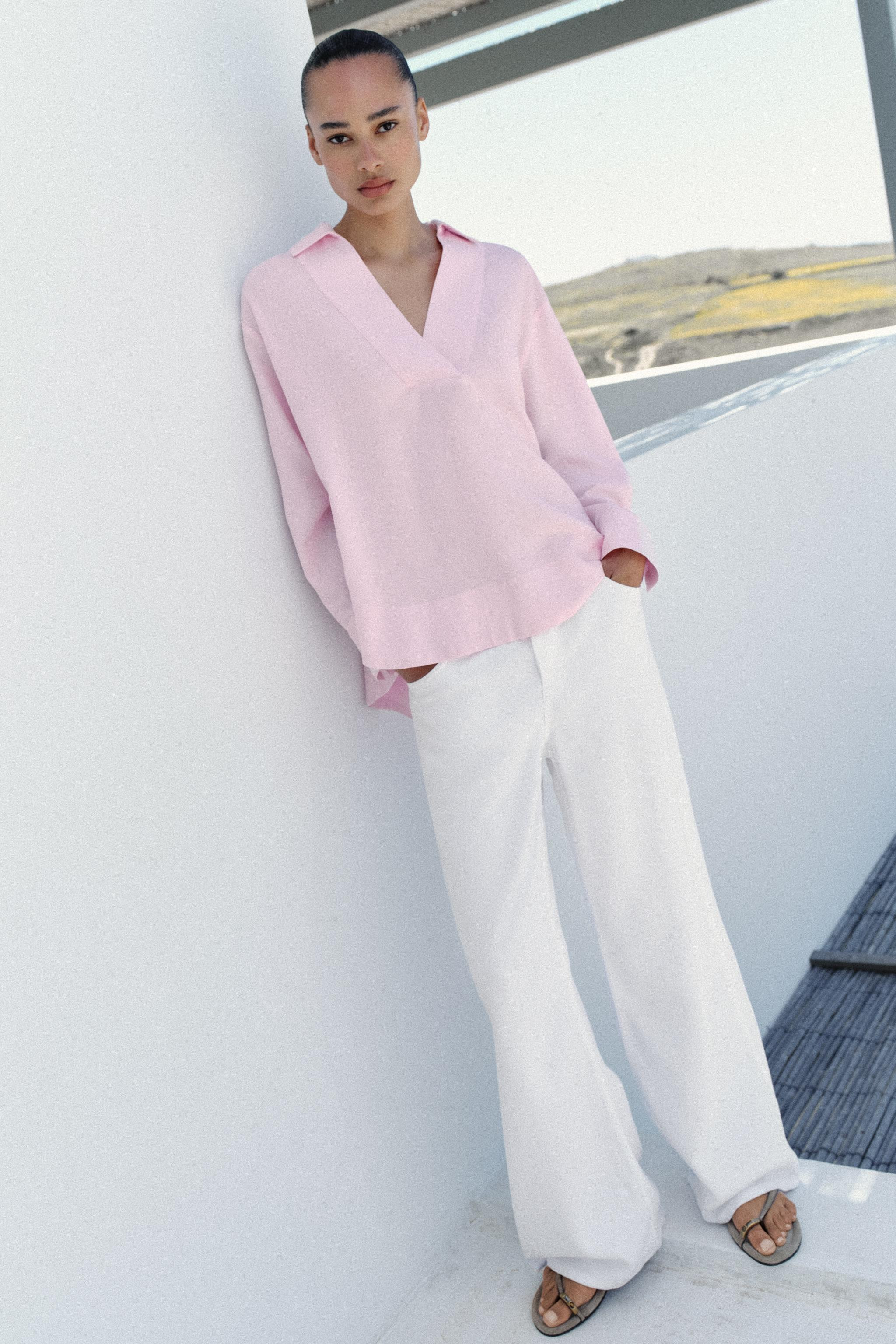 LINEN BLEND POLO COLLAR BLOUSE | Zara US