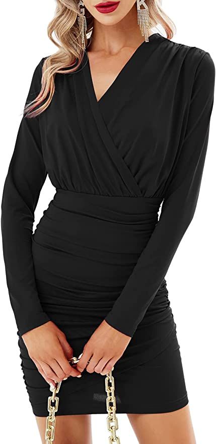 GRACE KARIN Women's Retro Long Sleeve Ruched Wrap Party Pencil Dress | Amazon (US)