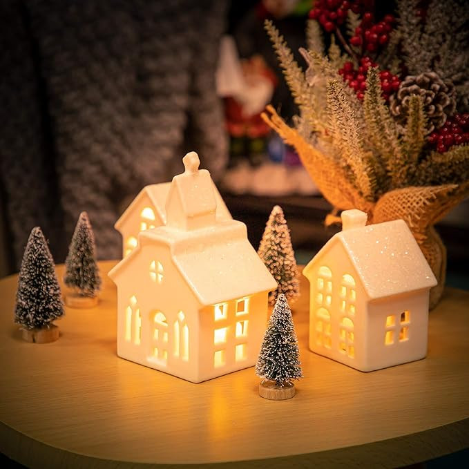 ZTL 7PCS Christmas Village Sets - 3 LED Lighted Ceramic White Christmas Village Houses with Remot... | Amazon (US)