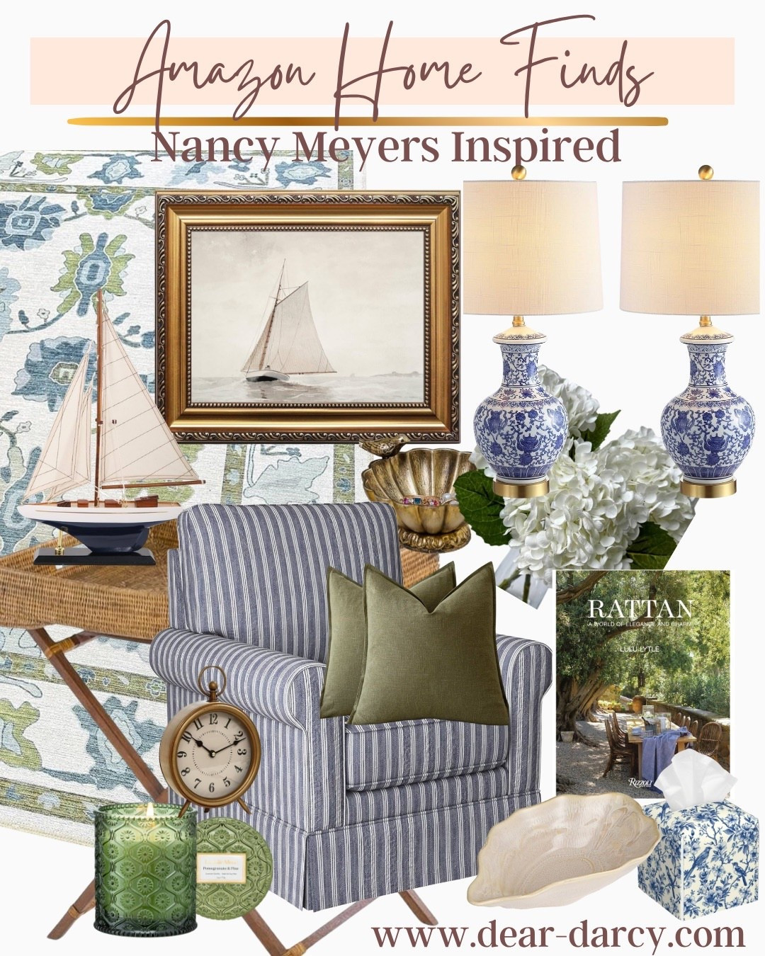 Nancy Meyers home inspiration
Pieces from Amazon

I’ve found the cutest pieces for a little home refresh, giving you all the Nancy Meyers/coastal grandmother inspo

Blur floral available in several sizes 

Cute accent chair in blue stripe 
Two blue willow wear inspired lamps 
A great home decor book
A two pack green accent pillows 
A cute sail boat
Bambi/ratten side table 
Candle 
Hydrangeas silk plants
A sail boat gold frame art 
A shell 
Brass bird bowl 
Blue floral tissue box



#LTKSaleAlert #LTKHome #LTKSeasonal