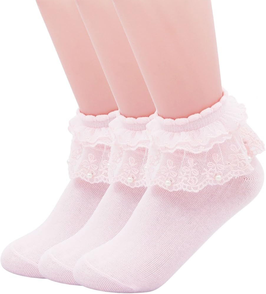 SEMOHOLLI Women Ankle Socks,Pearl Lace Ruffle Frilly Comfortable No-Show Cotton Socks Princess Socks | Amazon (US)