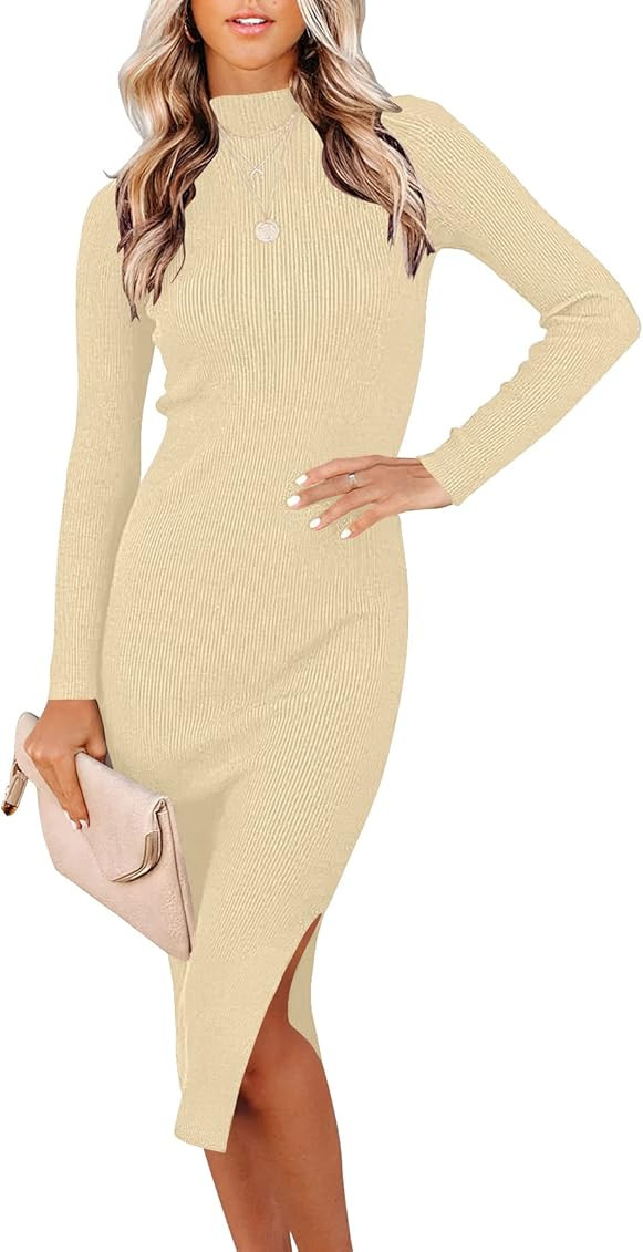 ANRABESS Women's Long Sleeve Ribbed Sweater Dress Turtleneck Slim Fit Slit Midi Dress | Amazon (US)
