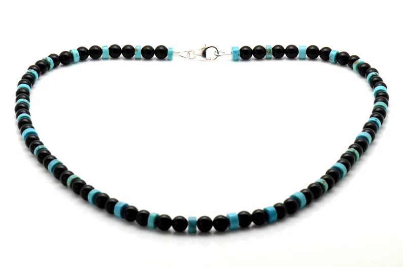 Men's Black Onyx & Turquoise Bead Necklace - Sterling Silver Clasp | Etsy (Global)