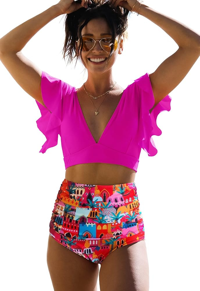 SPORLIKE Women Ruffle High Waist Swimsuit Two Pieces Push Up Tropical Print Bikini | Amazon (US)