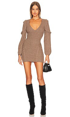 Michael Costello x REVOLVE Malina Deep V Neck Knit Dress in Taupe from Revolve.com | Revolve Clothing (Global)