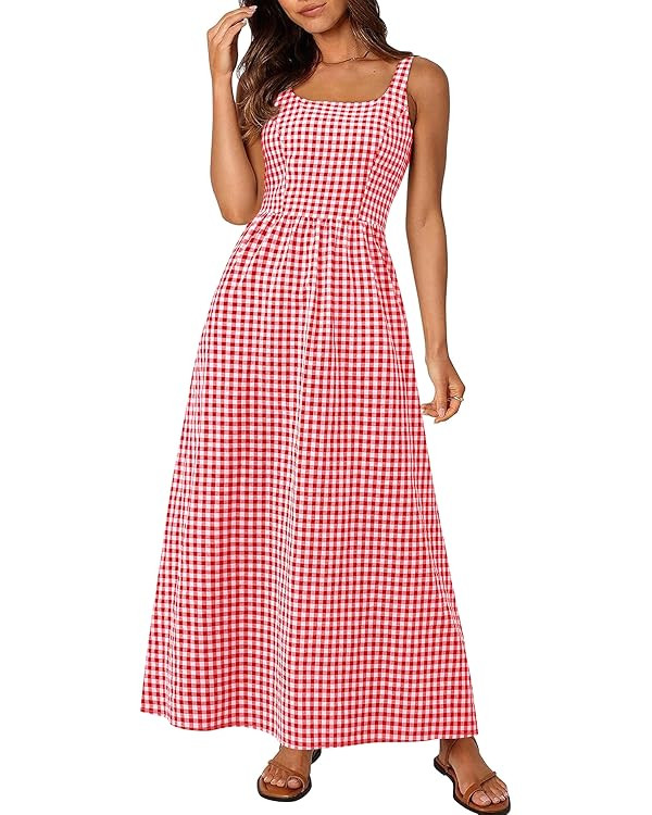 PRETTYGARDEN Women's 2025 Summer Spaghetti Strap Maxi Dresses Plaid Square Neck A Line Casual Bea... | Amazon (US)