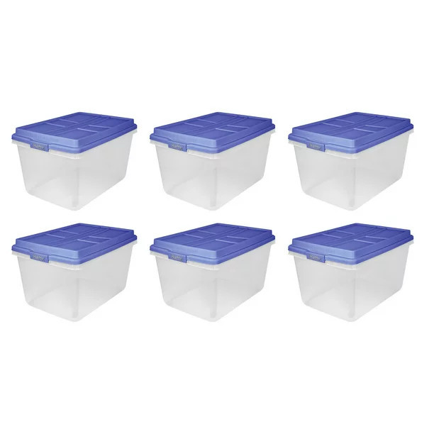 Hefty 72 Qt. Clear Plastic Storage Bin with Blue HI-RISE Lid, 6 Pack | Walmart (US)