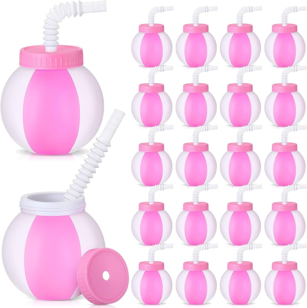Skyley 24 Pcs 14 oz Summer Beach Ball Cups with Straws and Lids Pink White Plastic Ball Sipper Cu... | Amazon (US)
