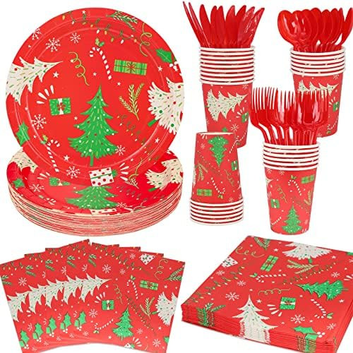DYLIVeS 144 Pcs Christmas Tree Party Supplies, Red and Green Christmas Party Tableware Xmas Party De | Amazon (US)