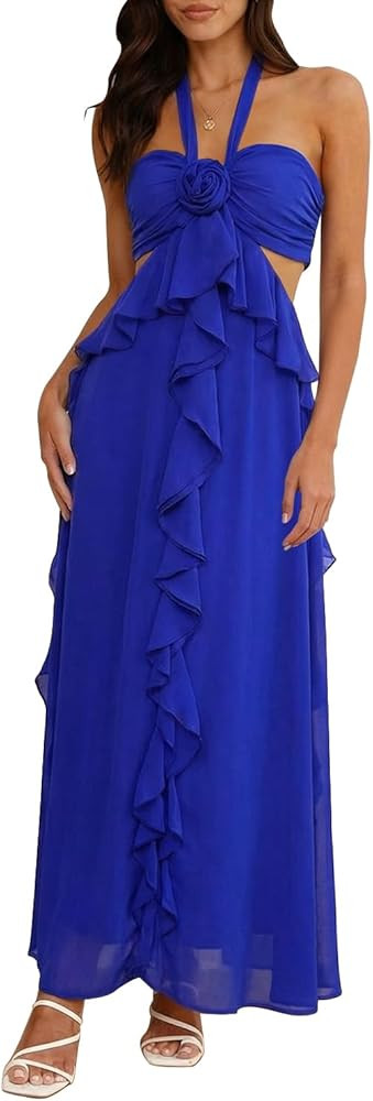 Womens 2026 Casual Long Summer Dresses Halter Strappy Flowy Beach Vacation Maxi Dress with Bra | Amazon (US)