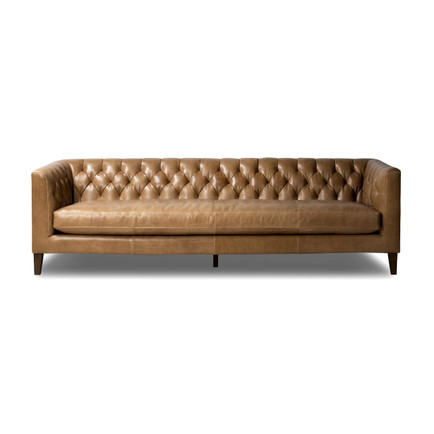 Warm Taupe Leather Chesterfield Sofa, 96 Inches