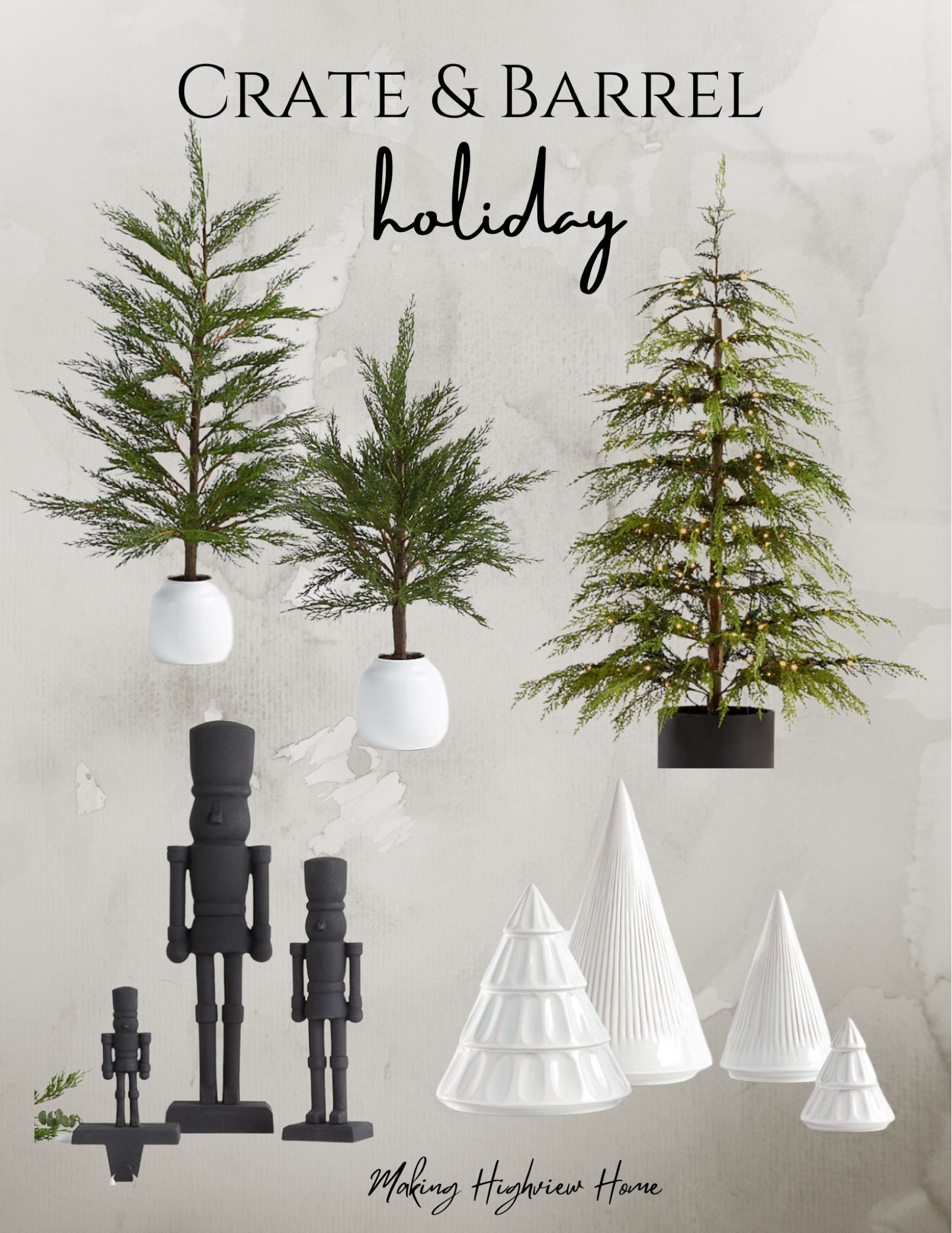 Crate and barrel holiday , cypress trees, weeping prelit tree, 4ft tree, black nutcracker, white tree decor, decorative holiday decor 

#LTKSeasonal #LTKhome
