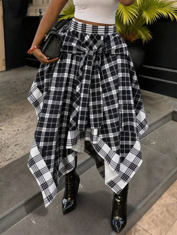 Women's High Waist Loose Tie Plaid Skirt, Blue & Yellow Contrast Plaid, Summer Luxury Rock Style ... | SHEIN