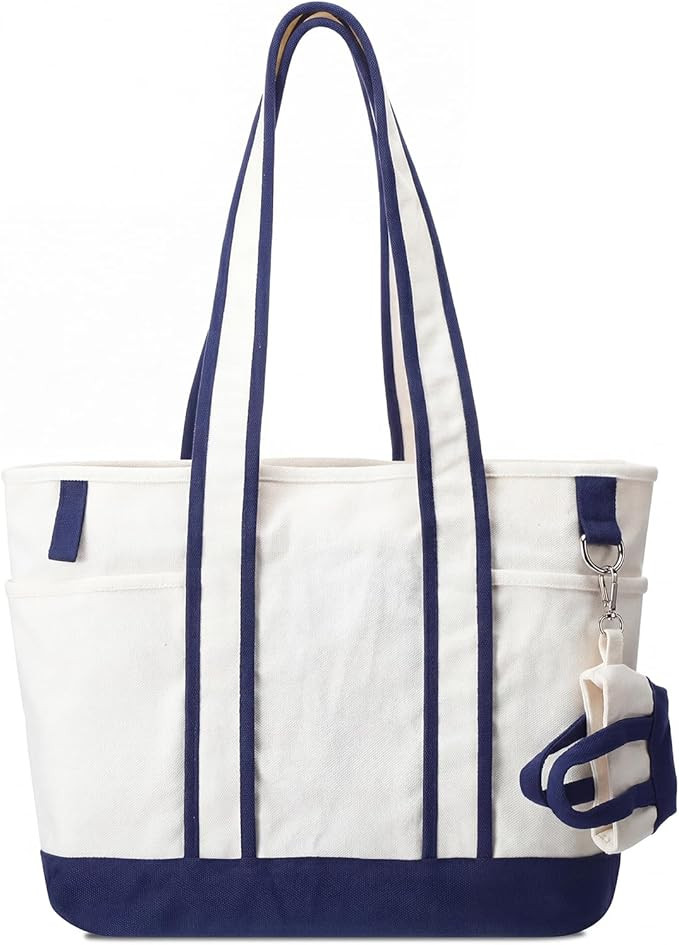 Collegiate Canvas Tote Bag with Cup Holder Navy Blue Reusable Shoulder Bag External Pocket for Wo... | Amazon (US)