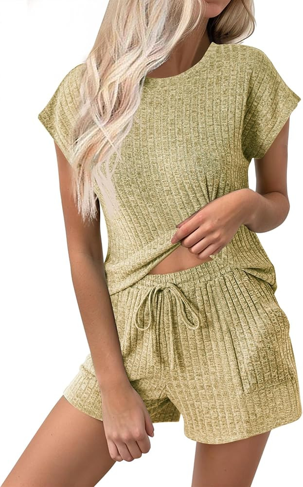Ekouaer Pajamas for Women Ribbed Knit Lounge Set Cap Sleeve Top and Shorts Loungewear Sleepwear w... | Amazon (US)