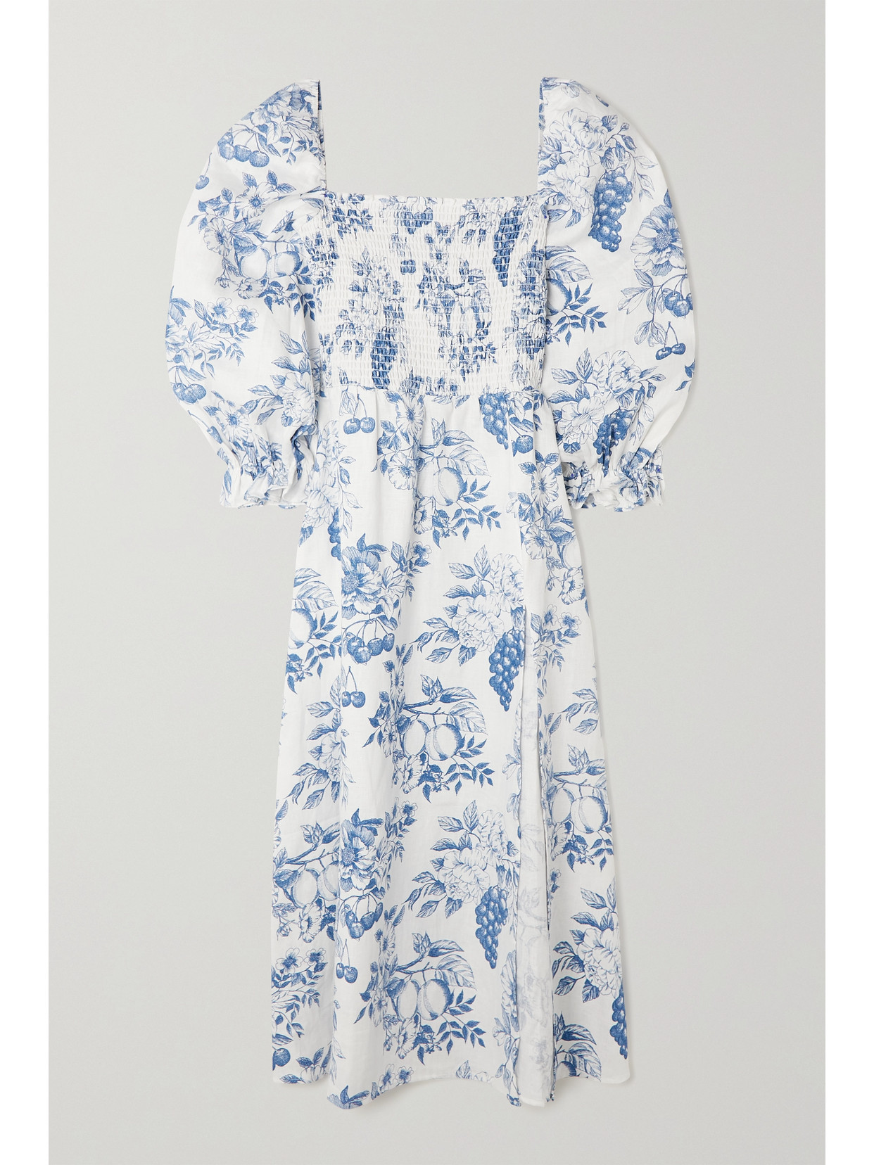 Reformation - Gitane Shirred Floral-print Linen Midi Dress - Blue | NET-A-PORTER (US)