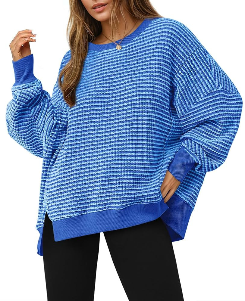 Fisoew Women's Fall Oversized Sweatshirt Casual Waffle Knit Long Sleeve Crewneck Split Pullover T... | Amazon (US)