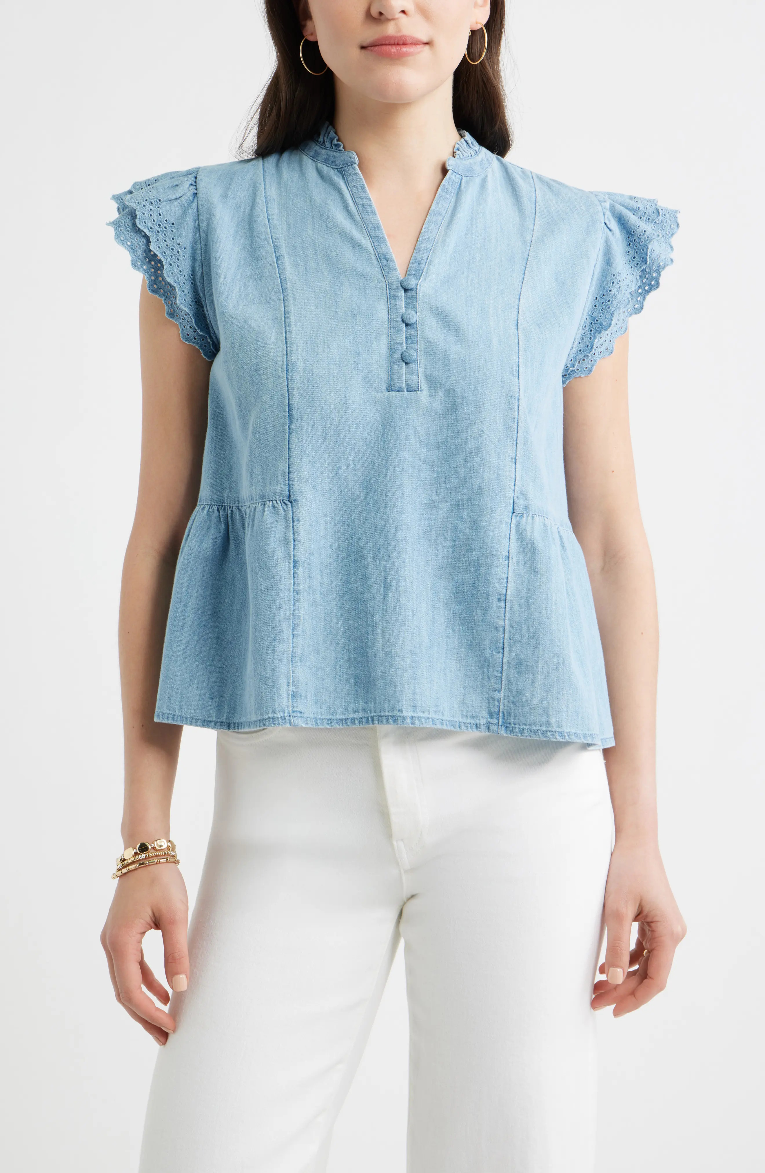 Caslon\u00ae Ruffle Eyelet Chambray Top (Women) | Nordstrom | Nordstrom