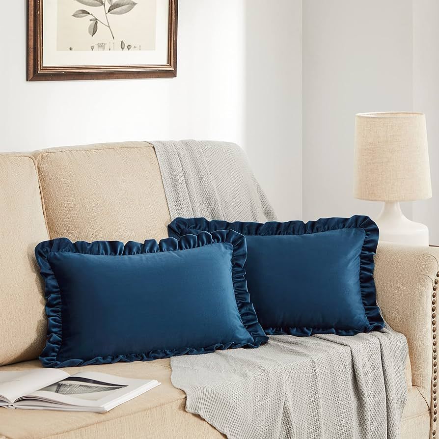 GIGIZAZA Dark Blue 12x20 Lumbar Pillow Covers, Set of 2 Decorative Velvet Ruffle Cushion Pillow C... | Amazon (US)