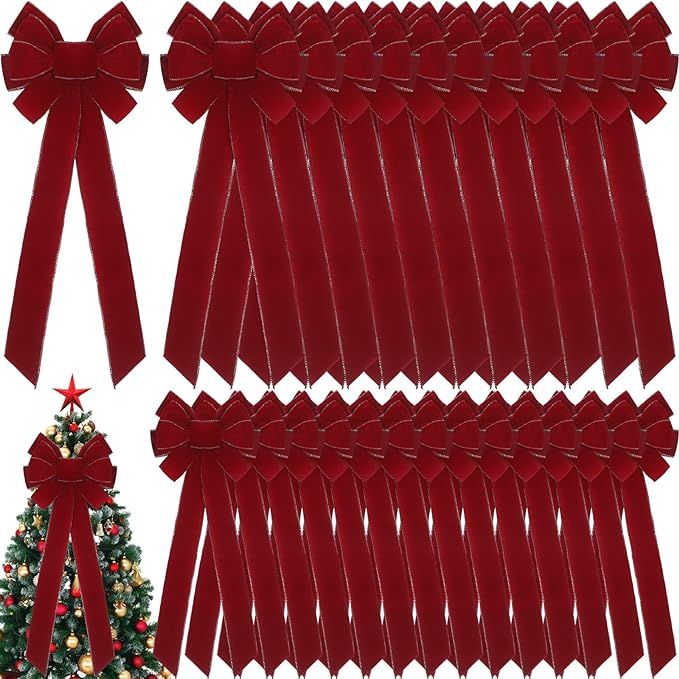 Yinkin 10"x 26" Extra Large Christmas Bows Bulk Handmade Wreaths Bow with Golden Velvet Wired Red... | Amazon (US)