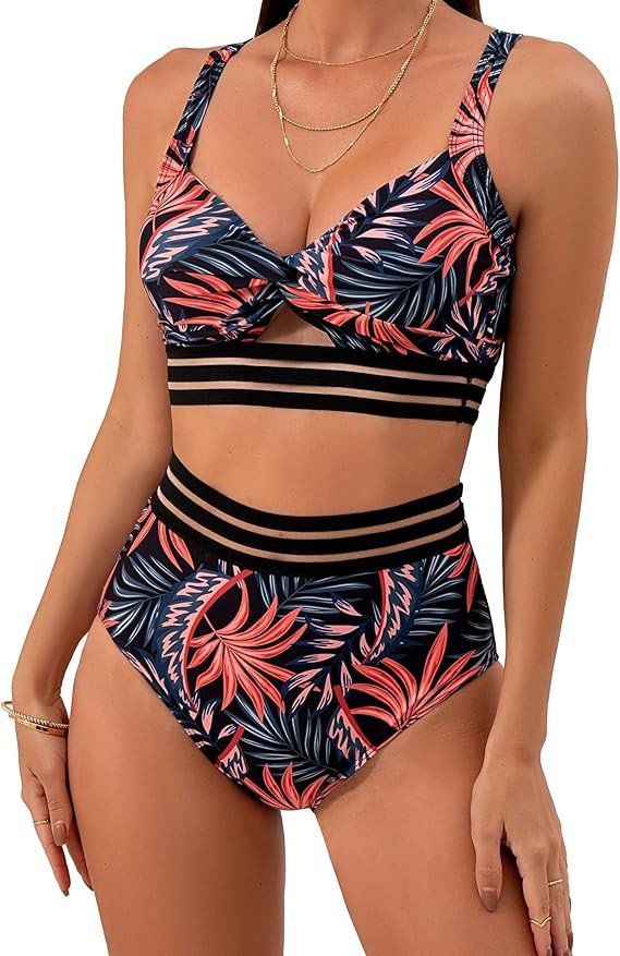 Eomenie Two Piece Swimsuits Tummy Control Twist Hollow Bikini Sets High Waisted Criss Cross 2 Pie... | Amazon (US)