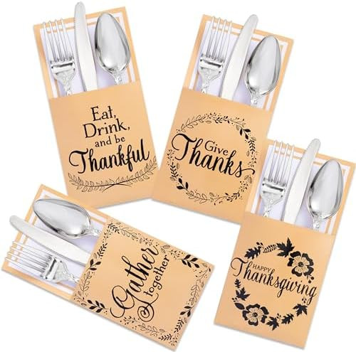 JOYIN 36 PCS Thanksgivng Turkey Cutlery Holders, Gold Foil Utensil Holders for Autumn Fall Party,... | Amazon (US)