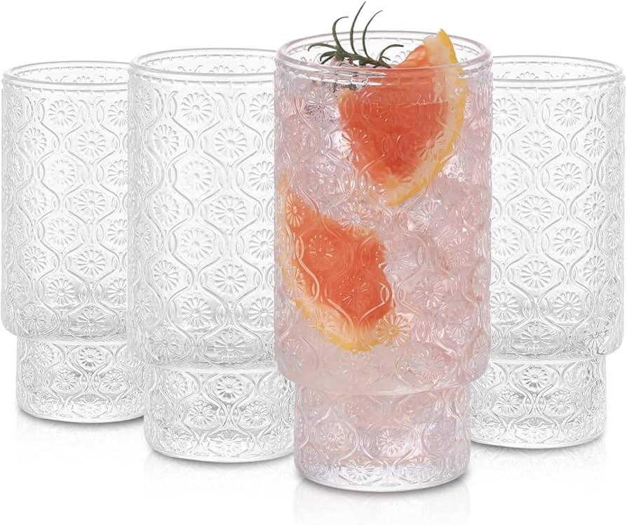 Vintage Glassware Set of 4 ,Drinking Cups with Embossed Stackable Pattern, Origami Glass Cup&Old ... | Amazon (US)