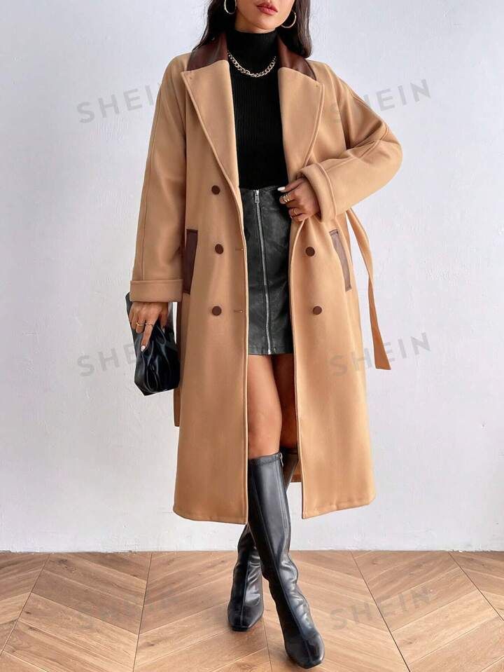SHEIN Privé Contrast Panel Double Breasted Belted Overcoat | SHEIN